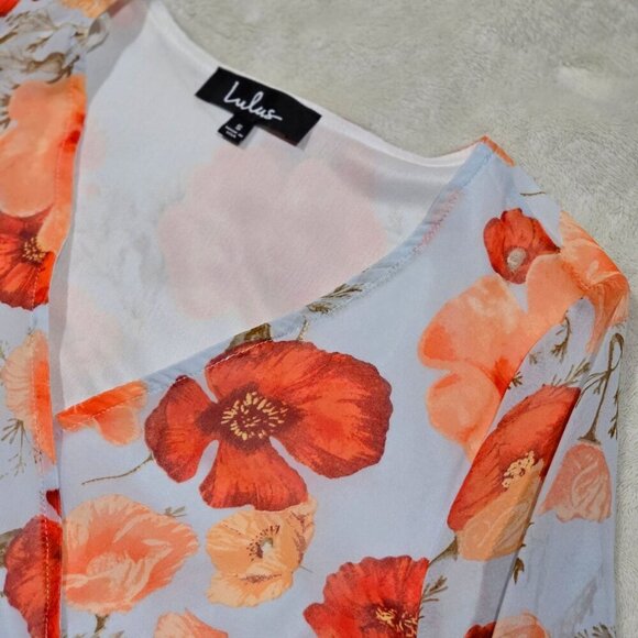 Lulus ✦ Petals of Honor Wrap Dress ✦ Light Blue Floral Chiffon Bell Sleeves S - Picture 8 of 14